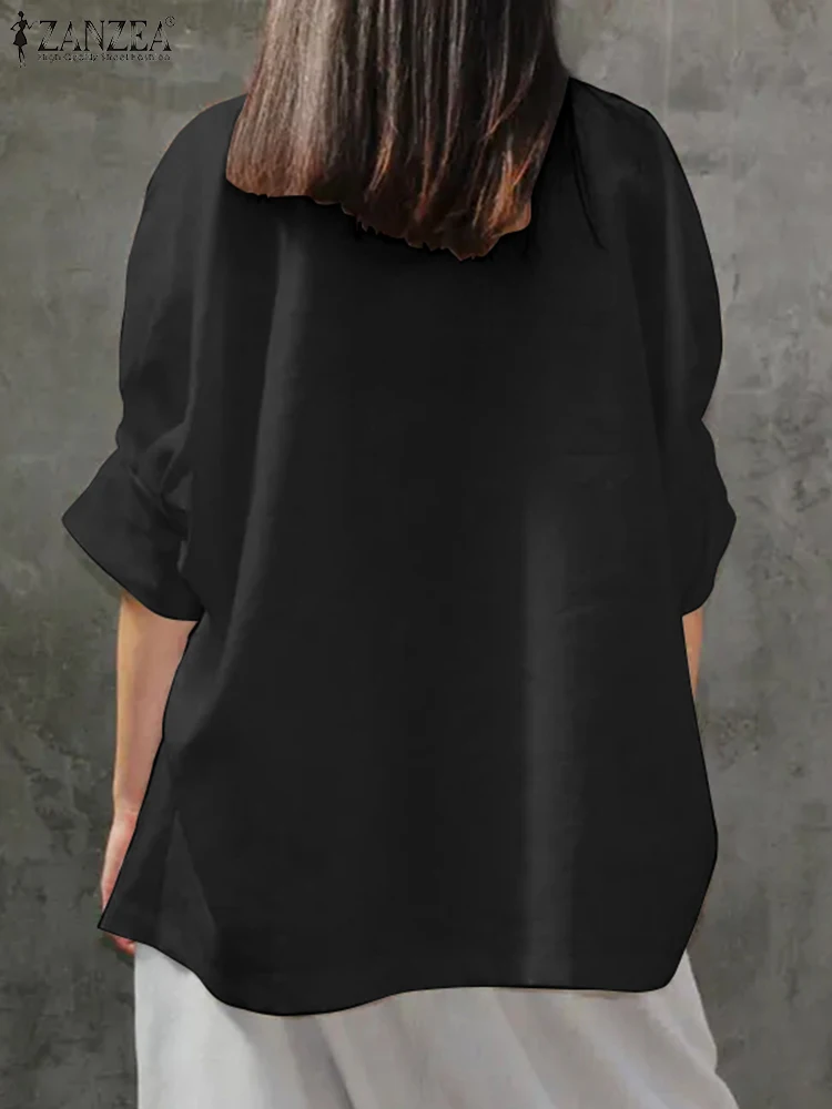 

Модная женская блузка ZANZEA, однотонные рубашки, повседневные свободные топы с коротким рукавом и высоким воротником, осень 2023, универсальные праздничные Блузы