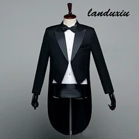 men classic black shiny lapel tail coat tuxedo wedding groom stage singer 2 piece suits dress coat tails landuxiu