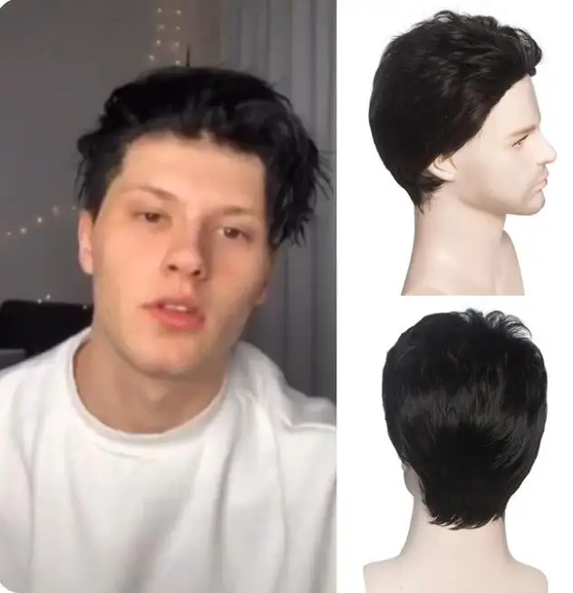 Мужской парик из коротких синтетических волос черный прямой натуральный для
