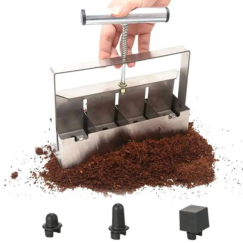 Soil Blocker 4 Holes Hand-held Manual Quad Soil Blocker Mini Seedling Device Soil Blocking Tool With Comfort Handle 2 Inch Mold