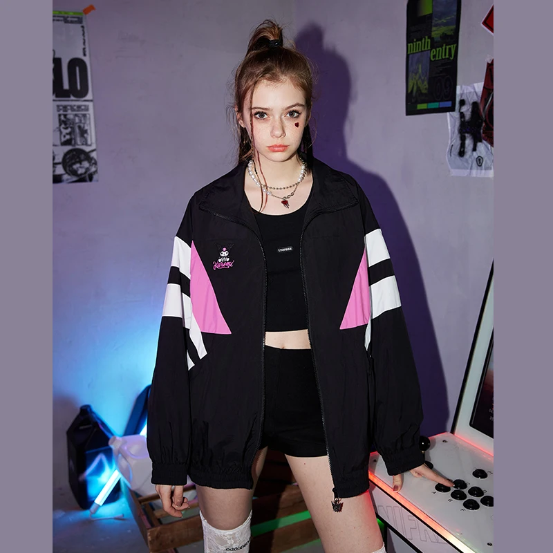

Kawaii Sanrios Co-Branded Kuromi Sports Jacket Female Spring and Autumn Cartoon Loose Casual Stitching Black Jacket