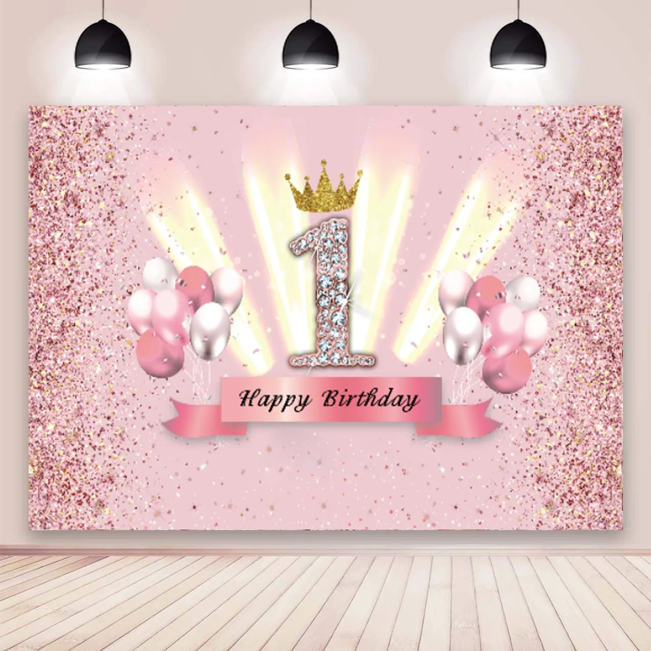 

Pink 1st Backdrop Glod Crown Newborn Baby Shower Princess Girl Birthday Party Photo Background Photocall Prop Banner