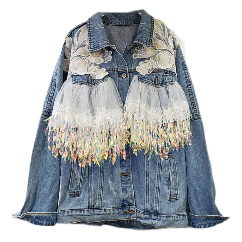 

SeeBeautiful Loose Denim Jacket Coat Turn-down Long Sleeve Sequin Mesh Tassel Stitching Women Autumn 2022 New Fashion Q561