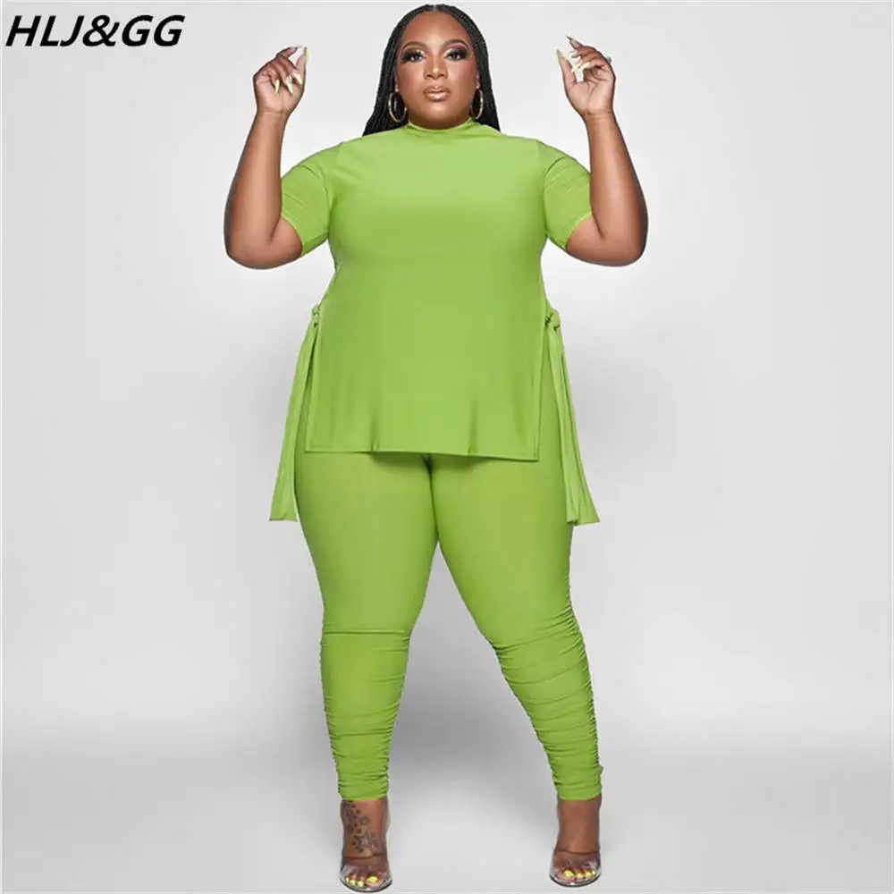 

HLJ&GG Plus Size Women Tracksuits Female Short Sleeve Side Slit Top And Legging Pants Two Piece Sets Fall Matching 2pcs Outfits