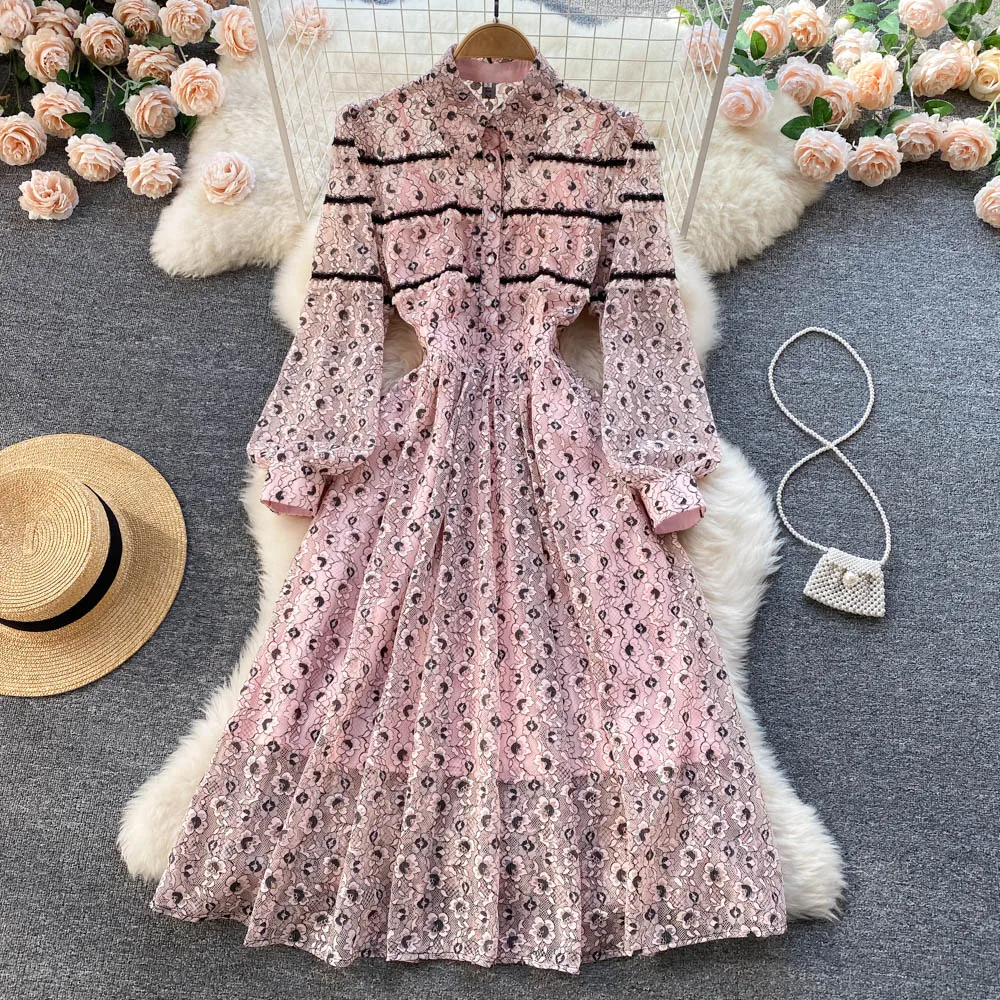 

2022 Spring Autumn New Women's Long Sleeve Lace Elegant A-line Dress Fashion Vintage Clothes Vestido De Mujer D918
