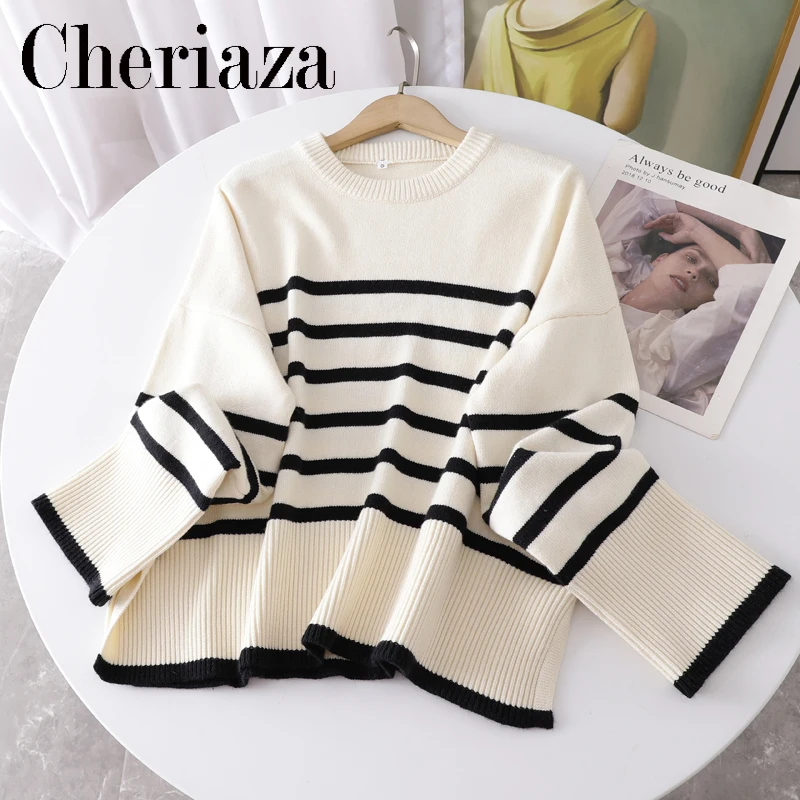 

Cheriaza Autumn Winter Beige Drop Shoulder Long Sleeve Striped Sweater Women Casual Round Neck Knit Sweater Pullover Vintage Top