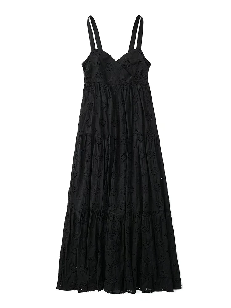 

YENKYE Women 2022 Fashion Hollow Out Embroidery Dress Crossover V Neck Sleeveless Female Casual Black Long Dress Summer Vestido