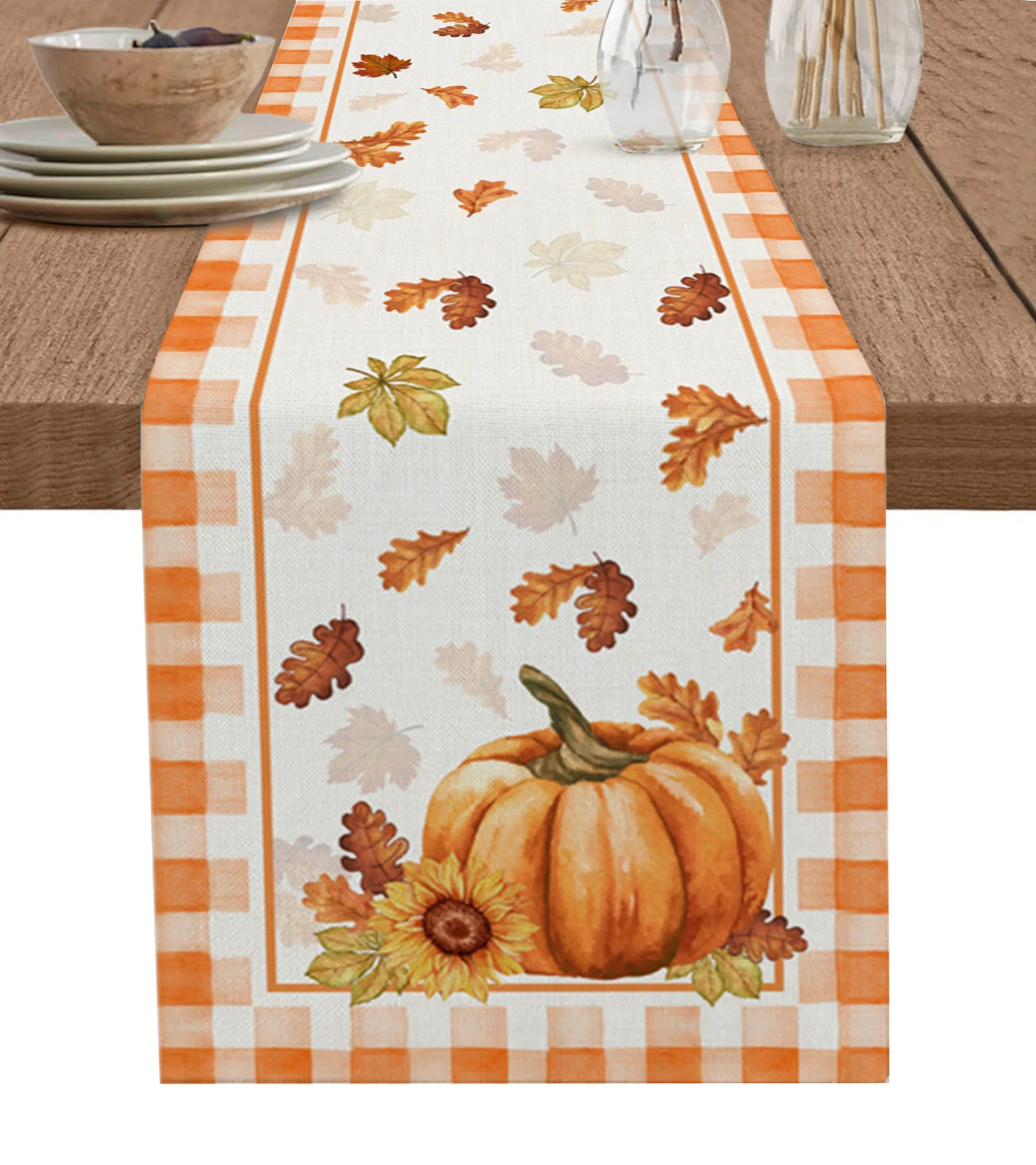 

Thanksgiving Pumpkin Maple Leaf Sunflower Plaid Table Runner Wedding Party Dining Table Cover Placemat Napkin Home Kitchen Decor