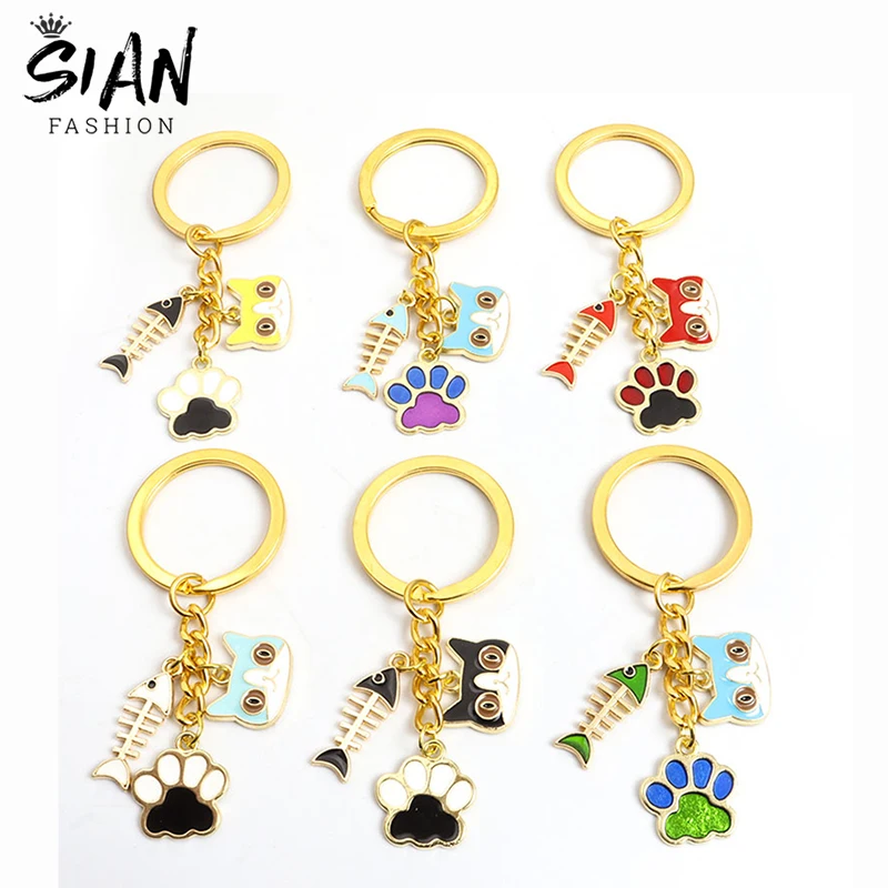 

Enamel Fish Bone Charms Keychains Holder Small Cat's Paw Cat Metal Key Chains Keyrings for Key Handbag Vintage Jewelry Wholesale
