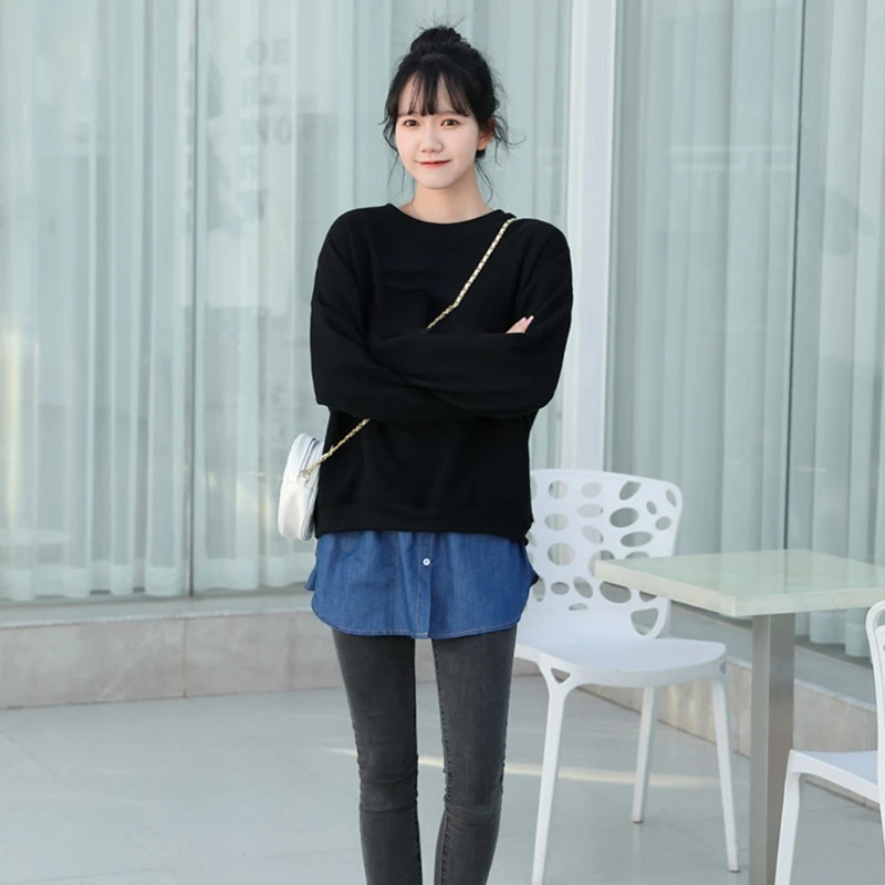 

Women Denim False Hem Layering Fake Top Lower Sweep Skirt Half Shirt Extenders