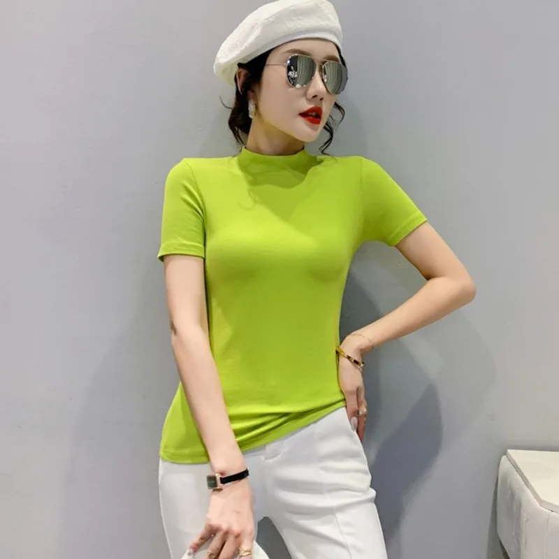

#5171 летняя водолазка для женщин, однотонная облегающая футболка с коротким рукавом, Женская эластичная хлопковая рубашка в Корейском стиле