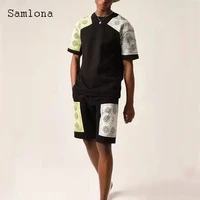 samlona plus size men fashion two pieces outfits short sleeve basic top casual ripped shorts 2022 new patchwork tracksuit sets