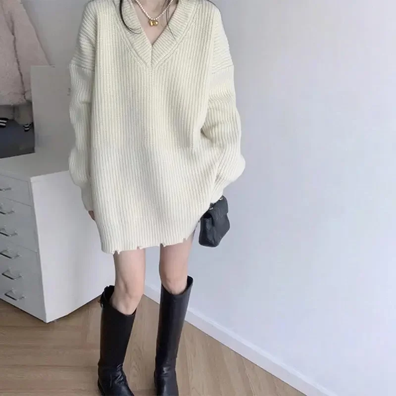 Свитер женский оверсайз с V-образным вырезом теплая одежда повседневный