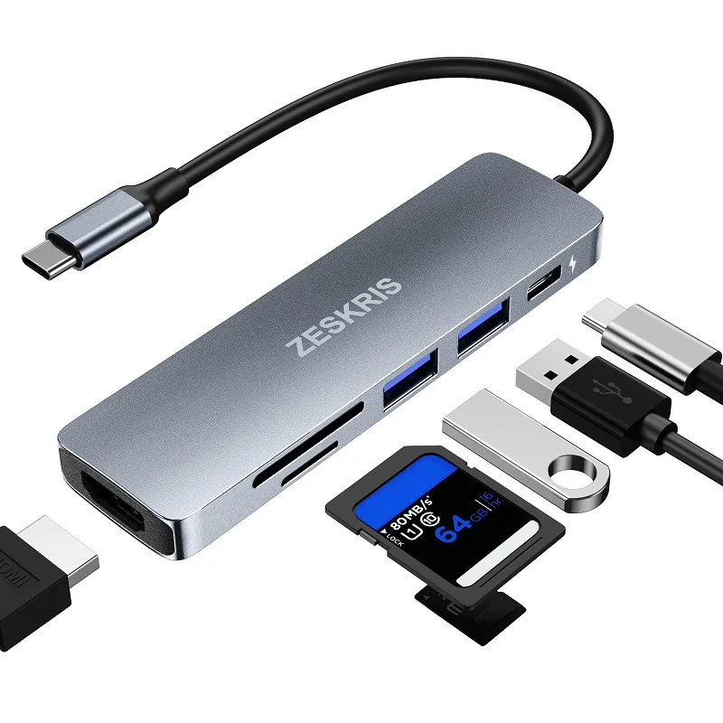 ZESKRIS USB C Hub مع 2 USB 3.0 SD/TF/مايكرو SD قارئ بطاقة 4K HDMI 100 واط PD لماك بوك اير/برو وغيرها من الأجهزة نوع C
