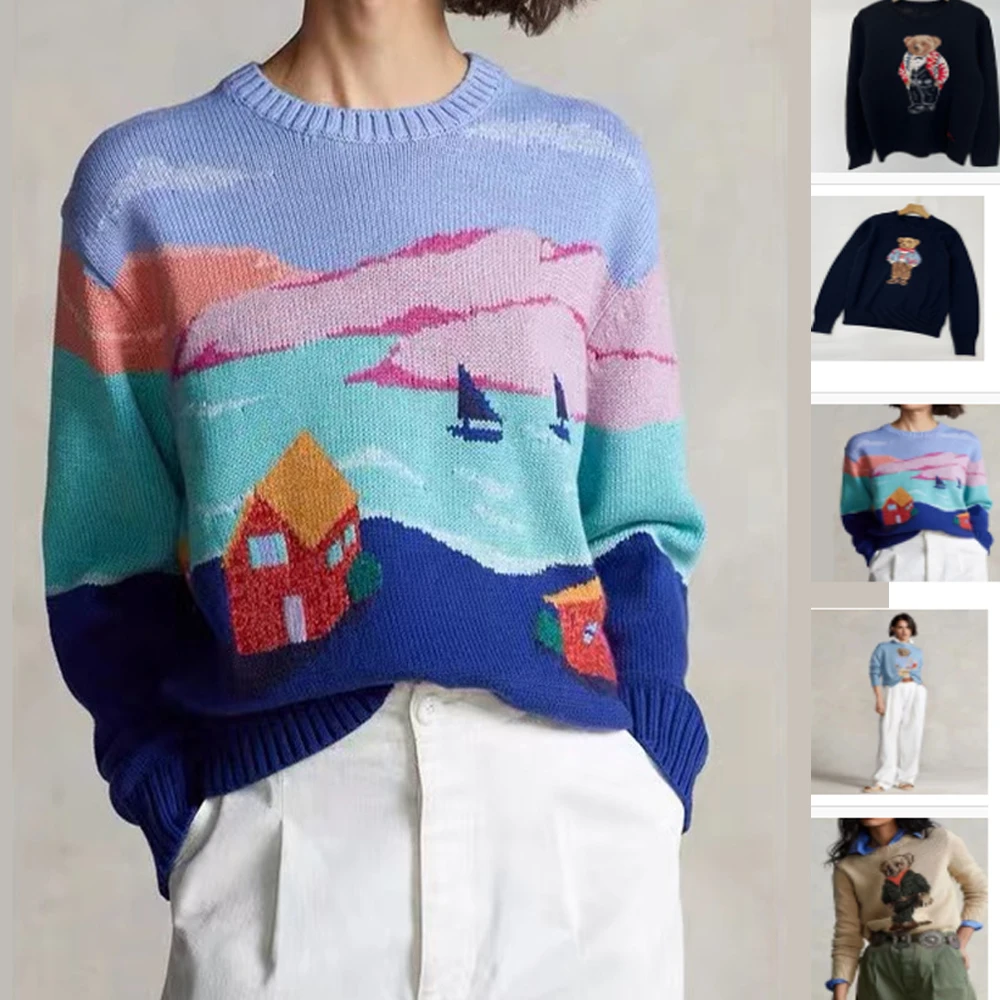 High Quality Iconography Wool Autumn Winter Cartoon R Bear Sweater Women's Fashion Long Sleeve Horse Knitted Pullover Party