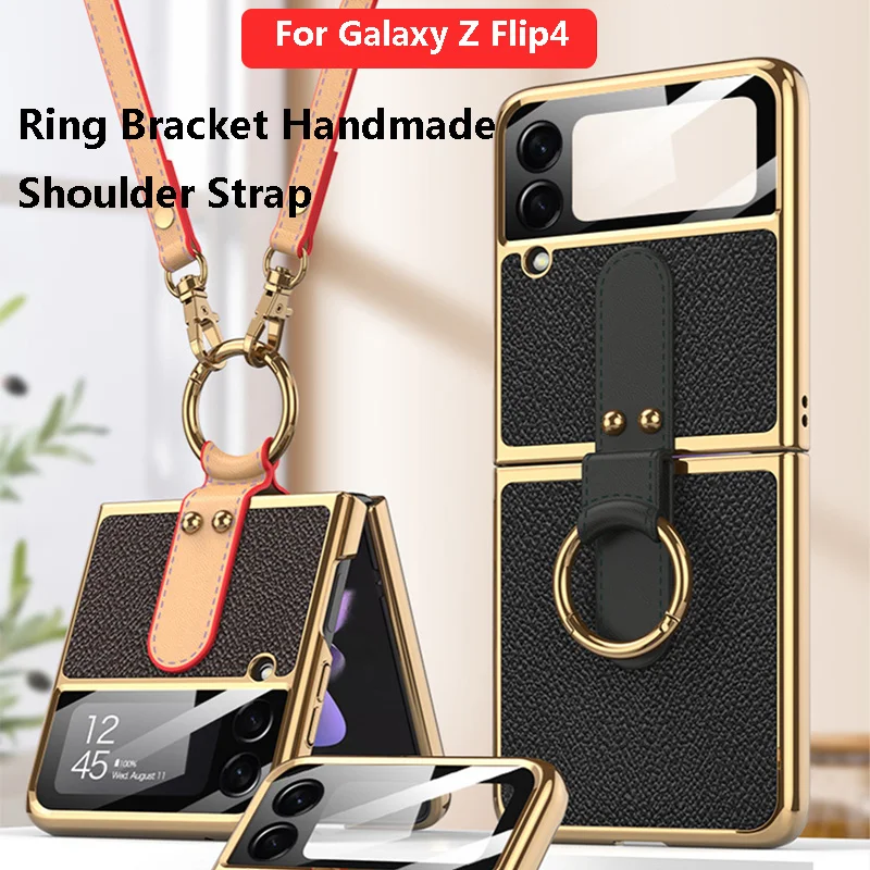 

Plain Leather Ring Holder Shockproof Cover For Samsung Galaxy Z Flip 4 5G Phone Case Strap Plating protective funda for flip4