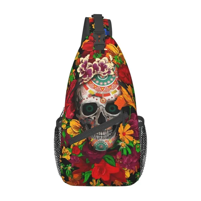 

Sugar Skull With Flower Sling Chest Bag Custom Mexican Floral Crossbody Shoulder Backpack for Men Traveling Daypack