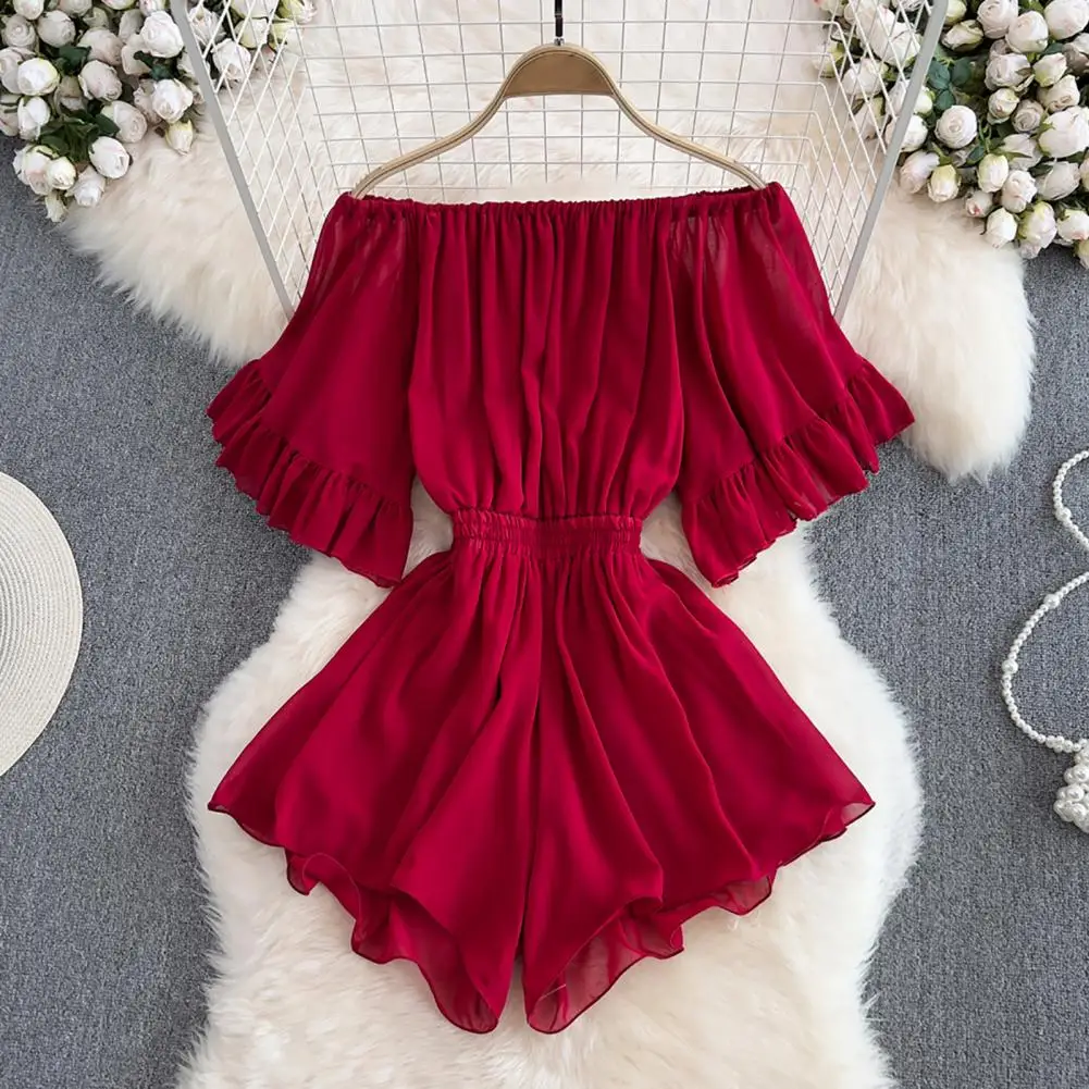 

Women Rompers Trendy Women's Off Shoulder Rompers Stylish Horn Sleeve Ruffles High Waist Patchwork Backless Design for Parties
