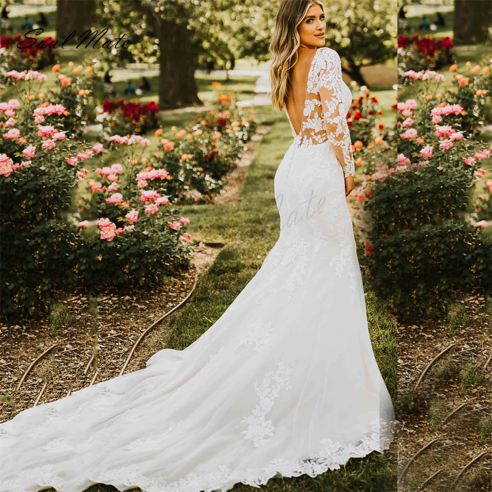 

Elegant White Mermaid Long Sleeves Wedding Dress For Women Sweetheart Appliques Bridal Gown Backless Bridal Dress Robe De Mariée
