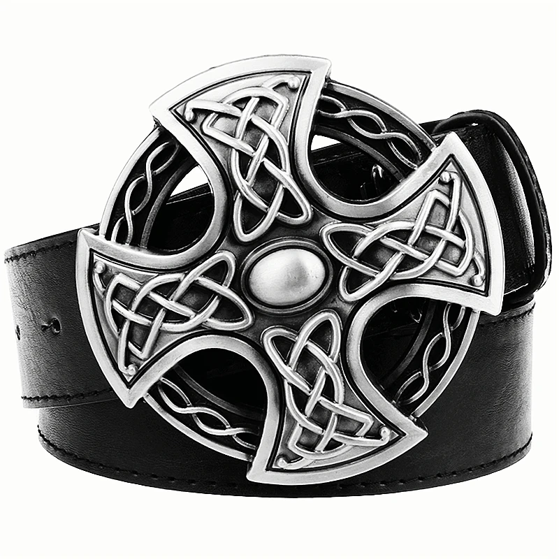 Fashion Leather Belt Big Round Buckle Crosses Pattern Weave Line Cross Belt Men & Women Wear Jeans Waistband