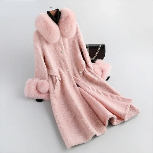 

Big Fox Fur Collar Sheep Shearling Coat Female Winter 2023 Elegant Real Wool Jackets Women Korean Casaco Feminino Gxy639