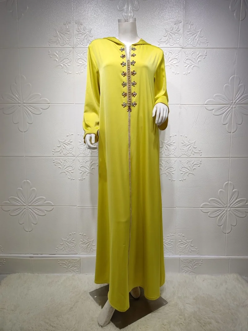 Diamond Ribbon Hooden Dress Abaya Dubai for Women Caftan Marocain Kaftan Islam Eid Mubarak Robe Dress Elegant Muslim Dress Abaya