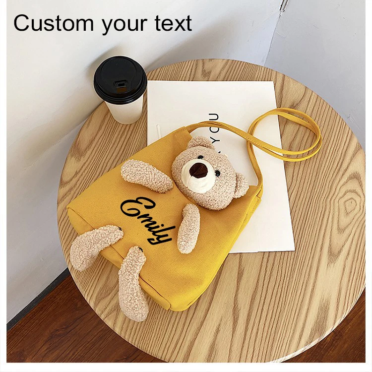 Personalised Tote Bag for Women, Girl Student Custom Your Name Canvas Shoulder Bag, Cute Bear Crossbody Hand Bags, Casual Tote