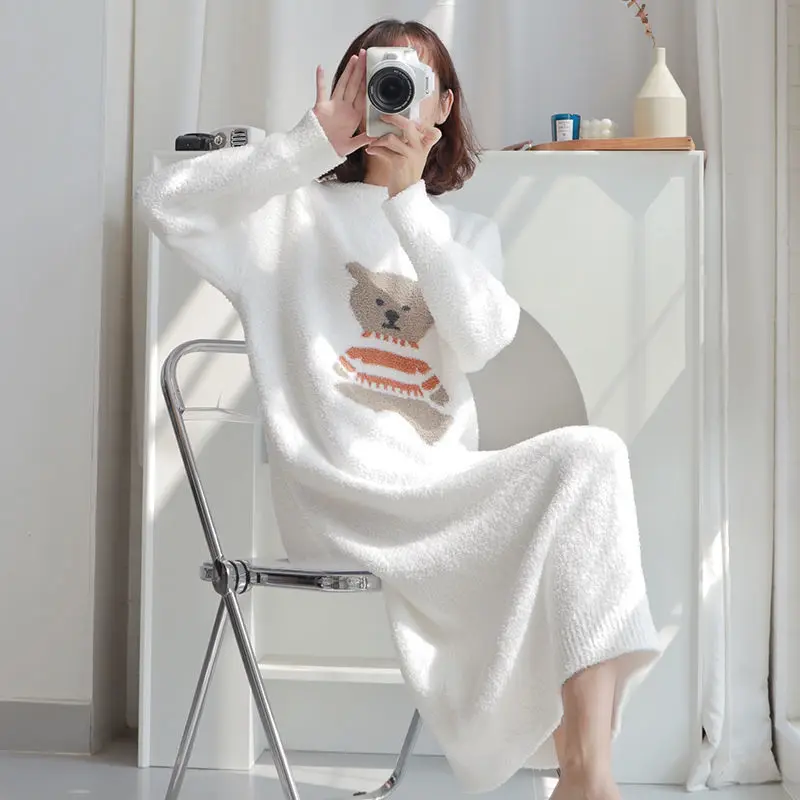 

Plush Bear Nightdress Women's Sleep Autumn Winter Nightgowns Thick Coral Fleece Long Sleeve Sleepshirts Fleece-Lined Homewear