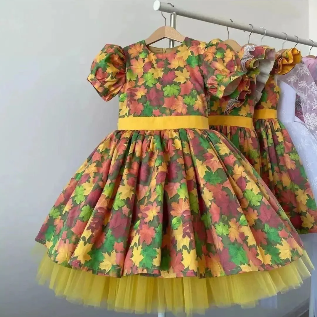 

0-12Y Baby Girl Autumn Summer Yellow Maple Leaf Turkish Vintage Lolita Princess Ball Gown Dress for Birthday Halloween Eid