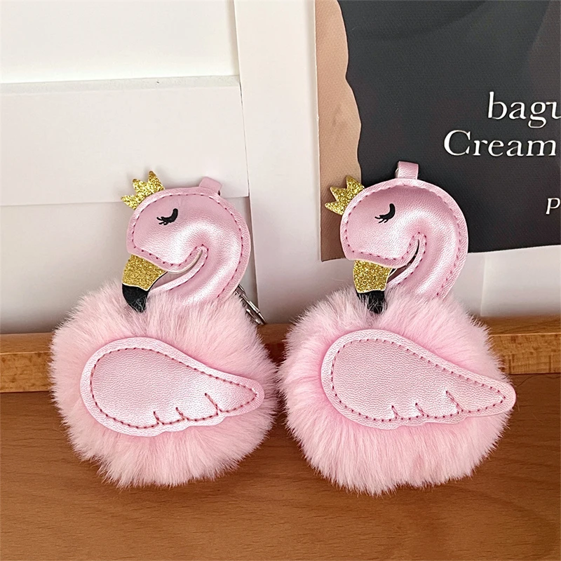 

PU Leather Velvet Key Chain Pink Swan Exquisite Bag Fur Ball Pendant Cute Keychain Wallet Car Key Chain Pendant Animal Keychain