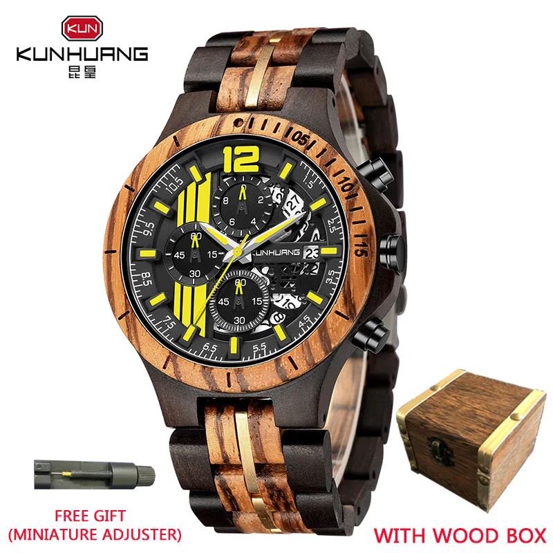 

KUNHUANG New Trendy Men's Wooden Watch Top Luxury Quartz Watch Luminous Hand Date Fashion Skeleton Dial Men's Watch Мужские часы