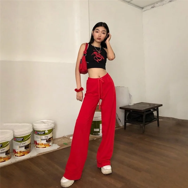 

Spring Fall New Red Wide Legs Trouser All-Match Female Ladies 2021 Women Long Solid Pants High Waist Drawstring Casual Trousers