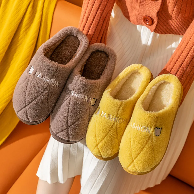 Women Home Cotton Fluffy Plush Anti-slip Slippers Indoor Autumn Male Couple Pantuflas Shoes Chaussons Zapatillas Casa Mujer