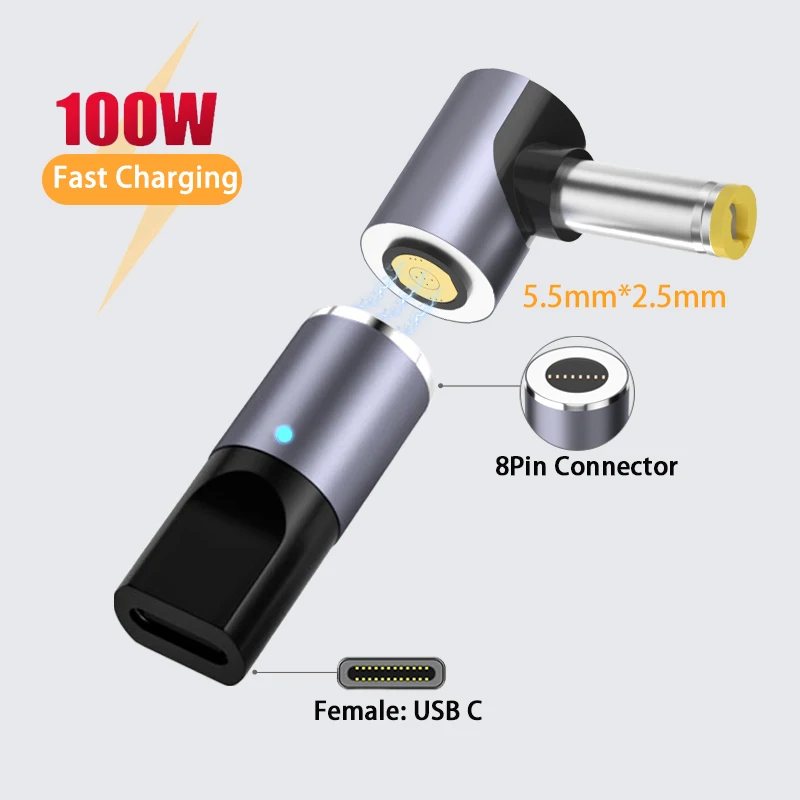 

Магнитный адаптер питания с USB Type C PD на DC, 100 Вт, Разъем 5,5x2,5 мм, зарядное устройство для ноутбука, преобразователь питания для ноутбука Asus
