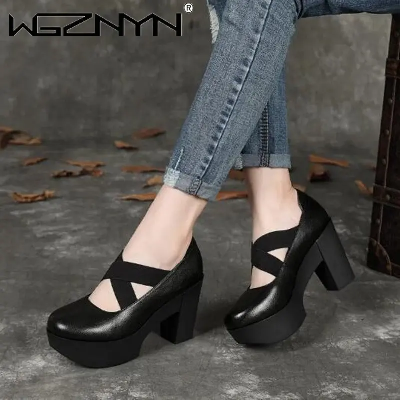 

Женские туфли из натуральной кожи, на высоком каблуке, с круглым носком