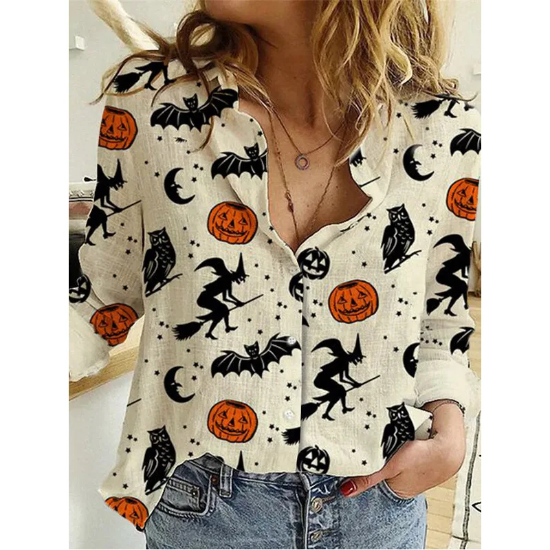 

Halloween Blouse Women Pumpkin Bat Print Turn Down Collar Loose Shirt Top Autumn Gothic Long Sleeve Blouse Camisas Camisas Mujer