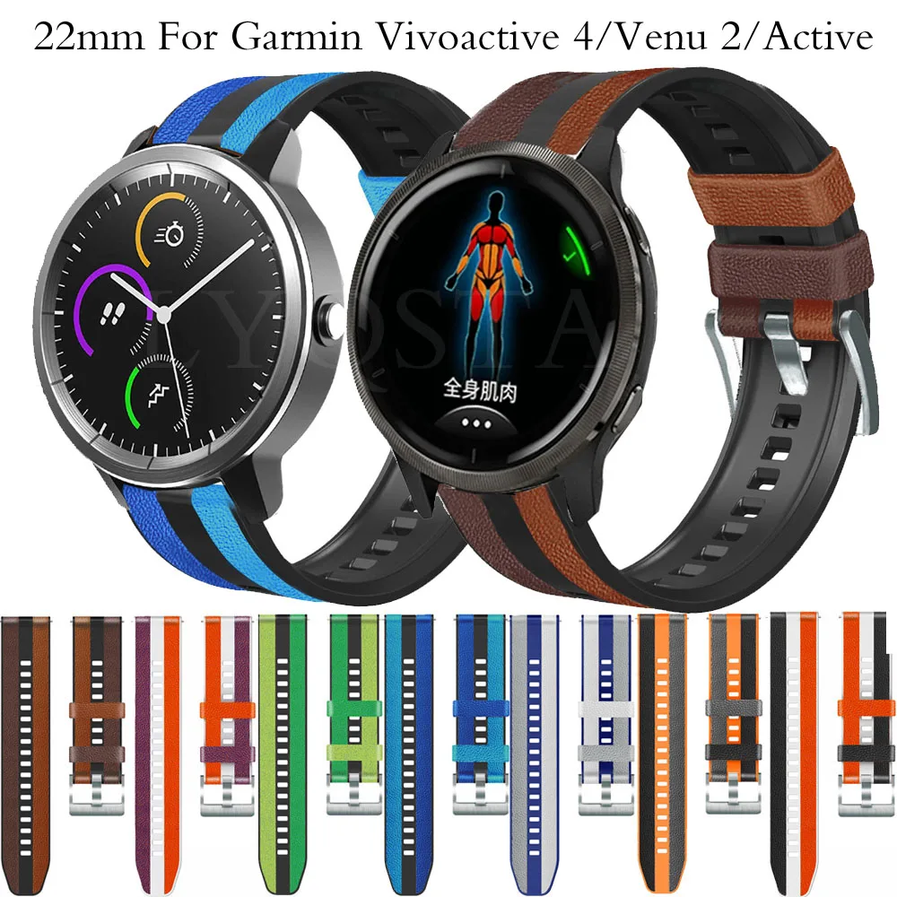 

22mm Leather + Silicone Watch Band For Garmin Venu 2 Women Men Wrist Bracelet Strap Loop For Vivoactive 4/Active/Forerunner 745