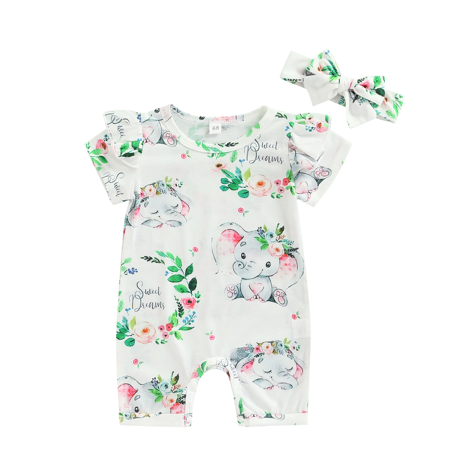 

Baby Girls Jumpsuit Set Elephant Floral Print Ruffled Short Sleeve Romper with Bow Headband Summer Outfits