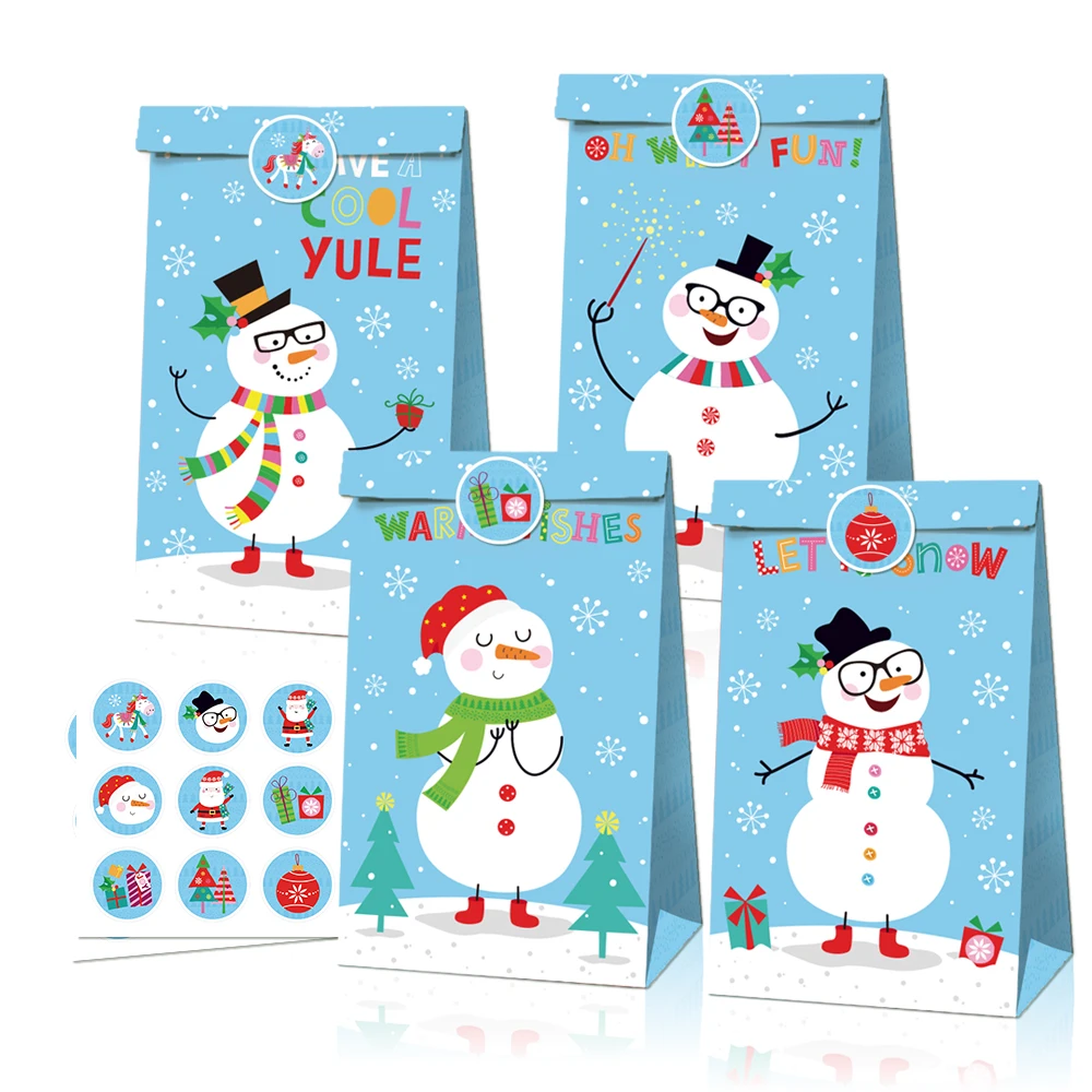 

LB049 12Pcs Merry Christmas Snowman Birthday Party Candy Kraft Packing Paper Gift Bags Winter Snow Baby Shower Party Decorations