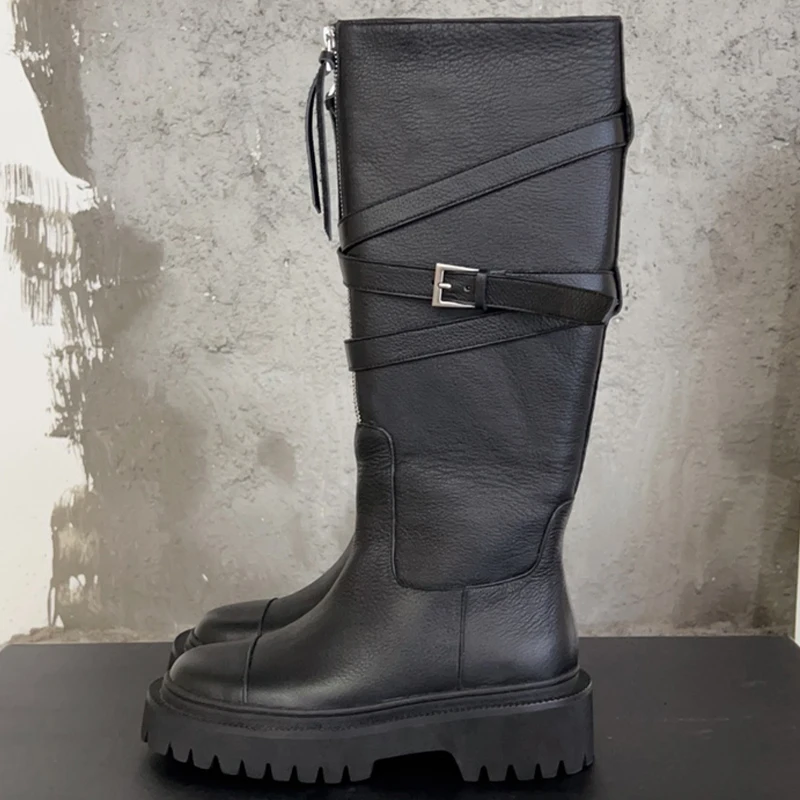 

Женские длинные ботинки весна-осень 2023 новые высокие ботинки из натуральной кожи с круглым носком на толстой подошве элегантная женская обувь в стиле ретро