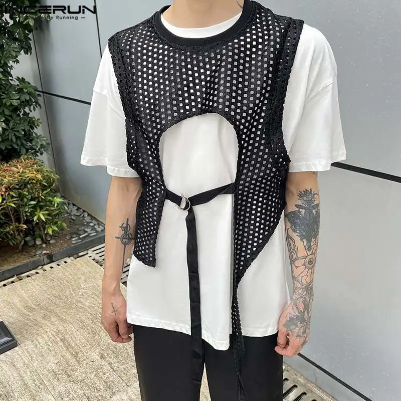 

INCERUN Tops 2023 Korean Style Men Fake Two-piece Hollowe Vests Short Sleeved T-shirts Casual Streetwear Hot Sale Camiseta S-5XL