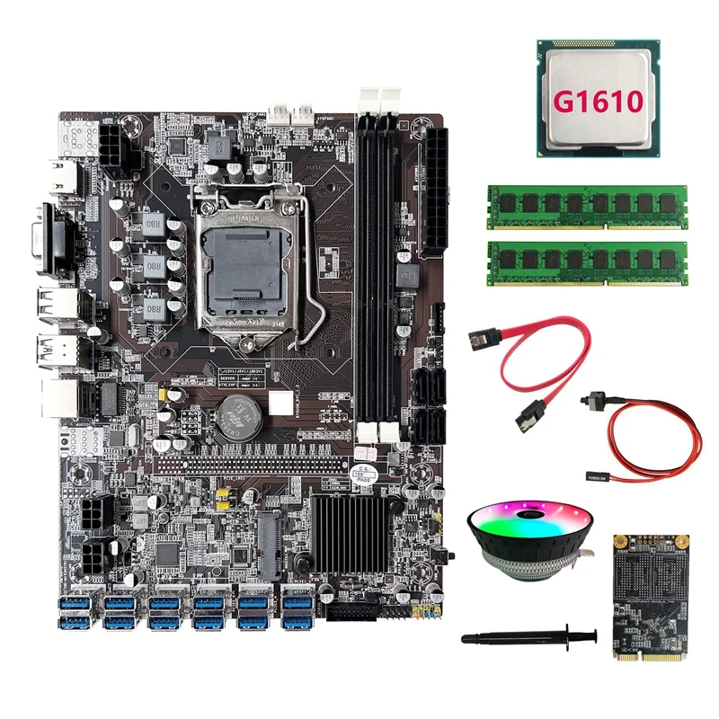 B75 ETH Mining Motherboard 12USB+G1610 CPU+2XDDR3 4GB 1600Mhz RAM+128G SSD+Fan+SATA Cable+Switch Cable+Thermal Grease