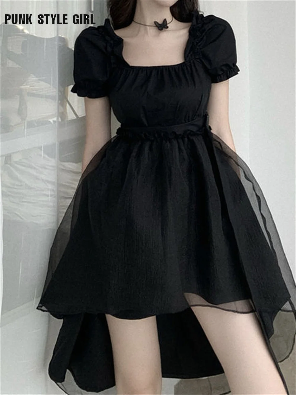 

Женское платье в стиле «лолита» Ulzzang, черное Сетчатое платье неправильной формы с квадратным вырезом, модные корейские платья с пышными рук...