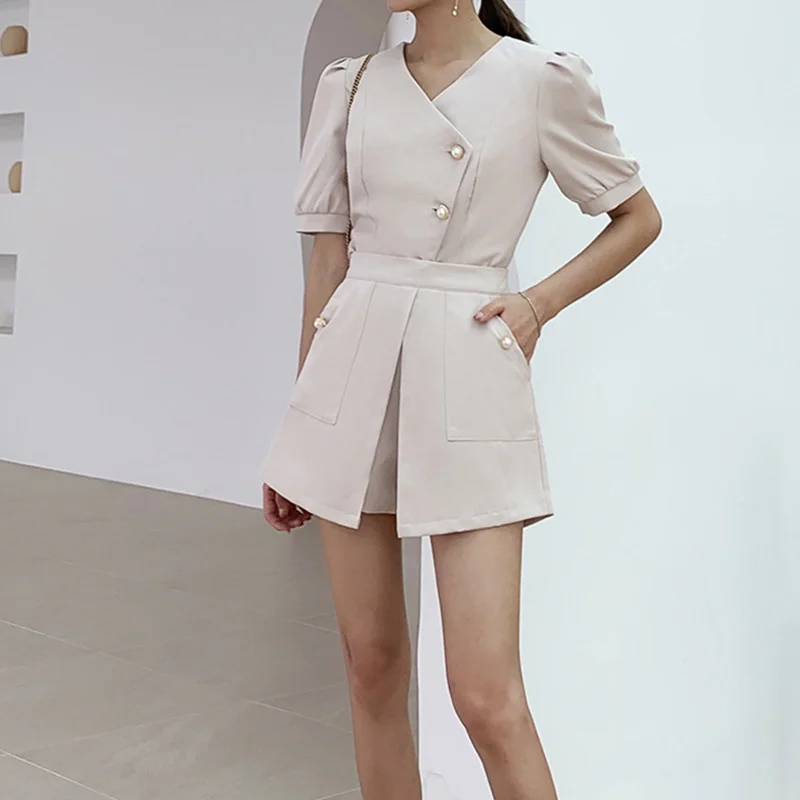 

Office Lady Shorts Sets Summer Two Piece Set Women Short Puff Sleeve Tops and High Waist Short Pant Suits OL 2 Piece Outfits