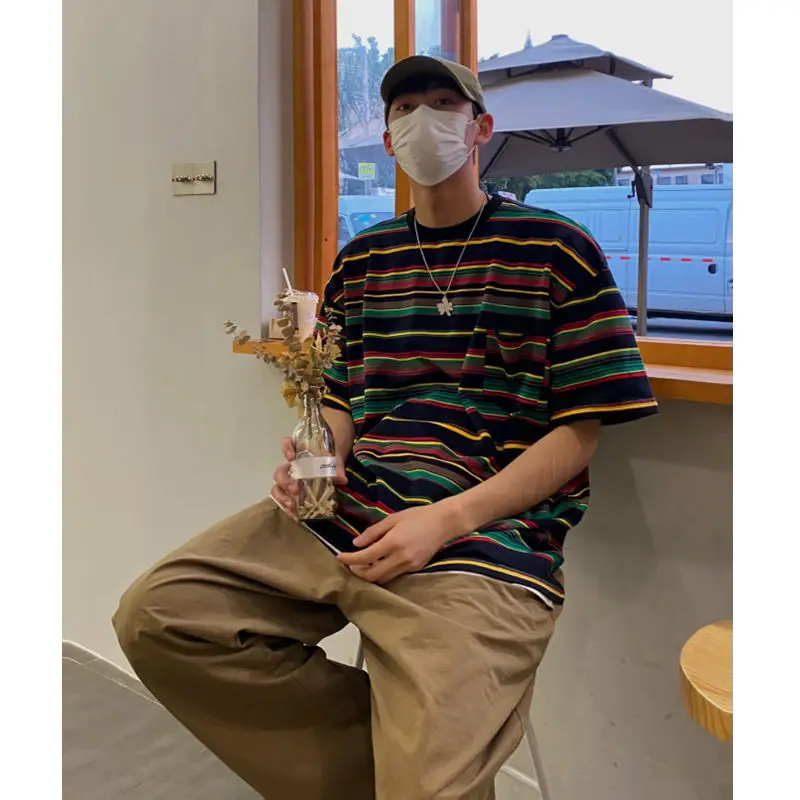 

2023 Men's Clothing Fashion Vintage Striped Loose Short Sleeve Tee Couple Streetwears Unisex Oversized T-shirt Breathable Tops