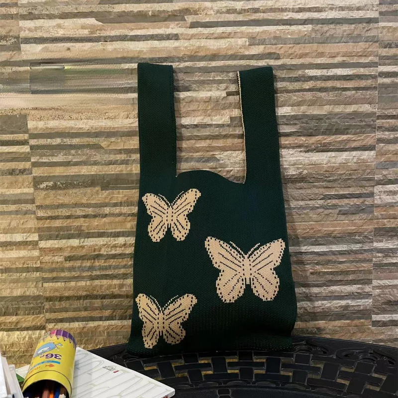 Cute Aesthetic Fairy Butterfly Casual Knitted Knot Tote Bag Fashion Versatile Fanny Crochet Canvas Wristlets Shopping Bags
