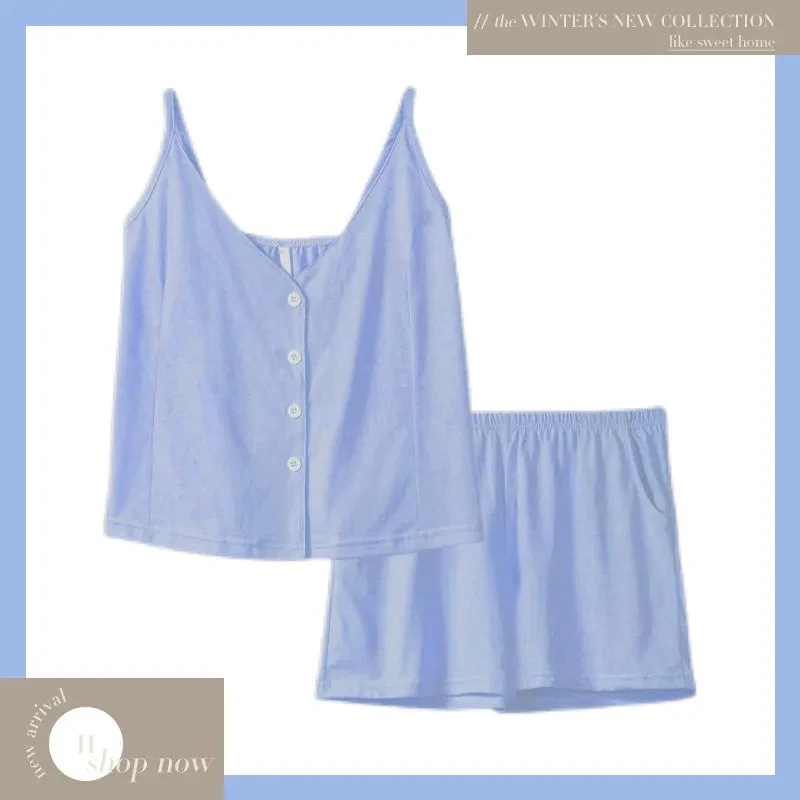 Summer Cotton Thin Pajamas Women'SSleeveless Shorts Lingerie Women'S 2 Piece Set Suspenders Sexy Home Wear Vest Woman Clothes