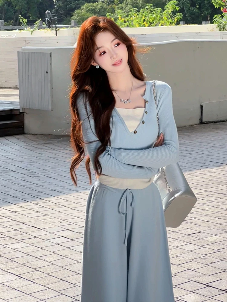 Осенняя одежда полный комплект для женщин новинка 2024 года топ и брюки с широкими