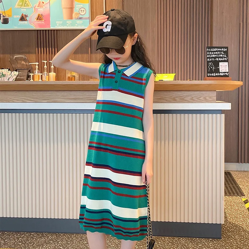 

2022 summer new girls' dresses children's vest dress striped knitted polo collar casual skirt baby dress