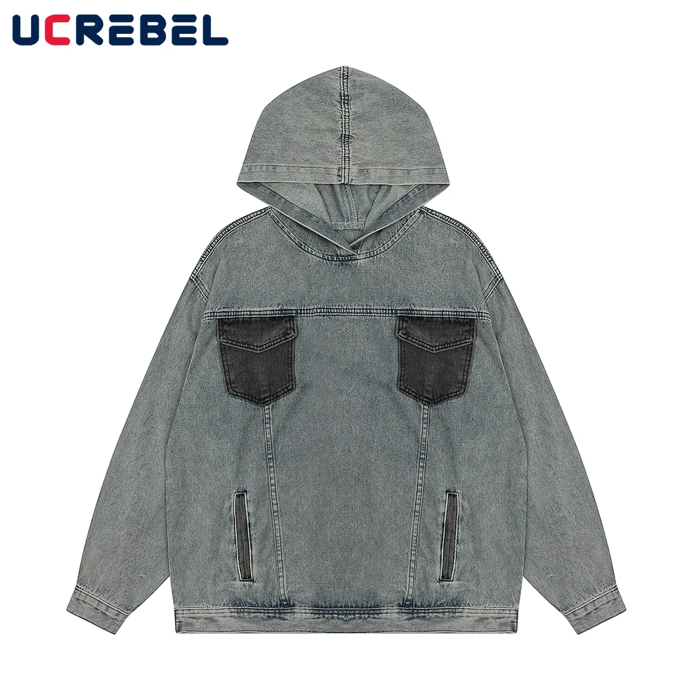 

Retro Washed Distressed Denim Jacket Mens High Street Patch Pocket Loose Long Sleeve Hooded Outerwear